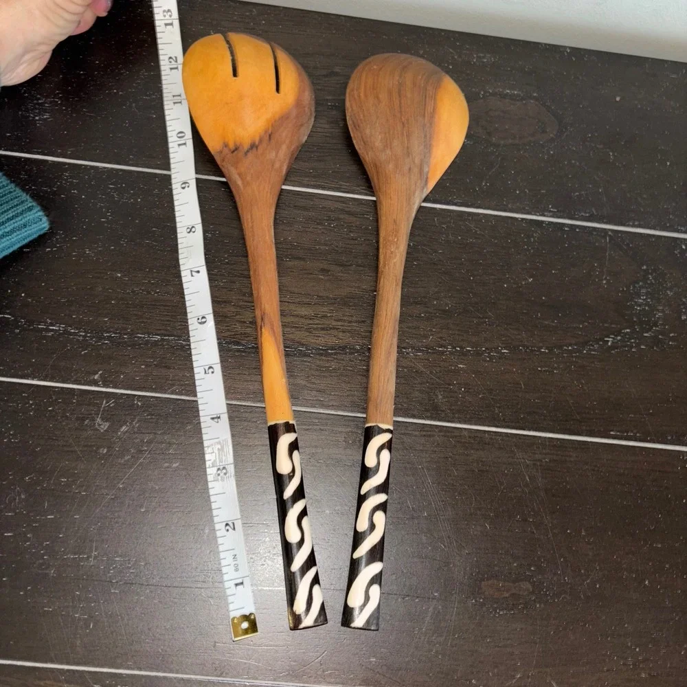 Artisan Wood Salad Servers‎ | Set of two| Black & White | Wood Serving Utensils
